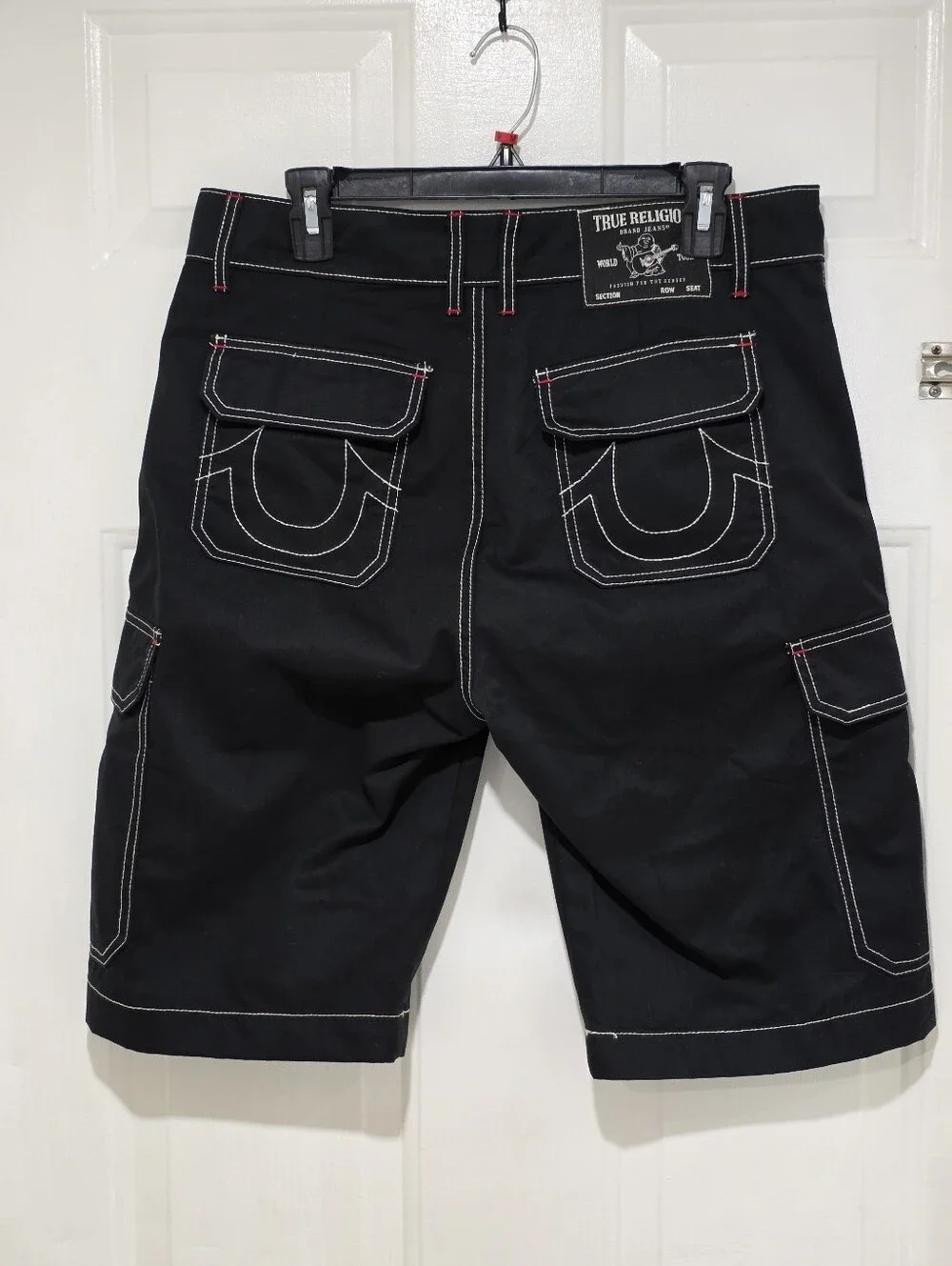 True Religion Black Cargo Shorts with White Contrast Stitching and Red Accents